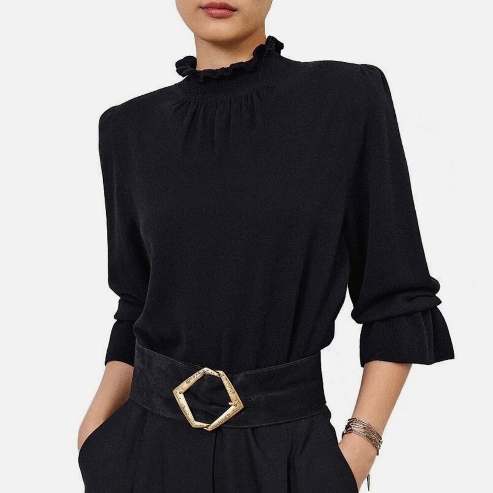 Ba&Sh Sinto Jumper Sweater - Black - Ruffles - Mockneck 3/4 Sleeves - Size 2 (M)